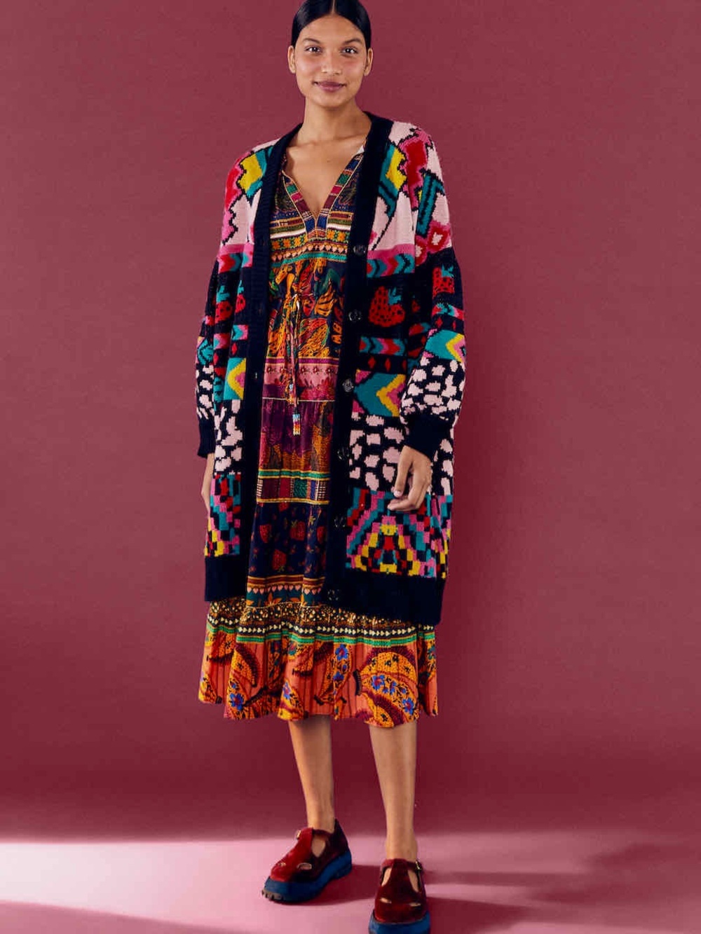 Farm Rio Crazy Mix V-Neck Button Down Cardigan